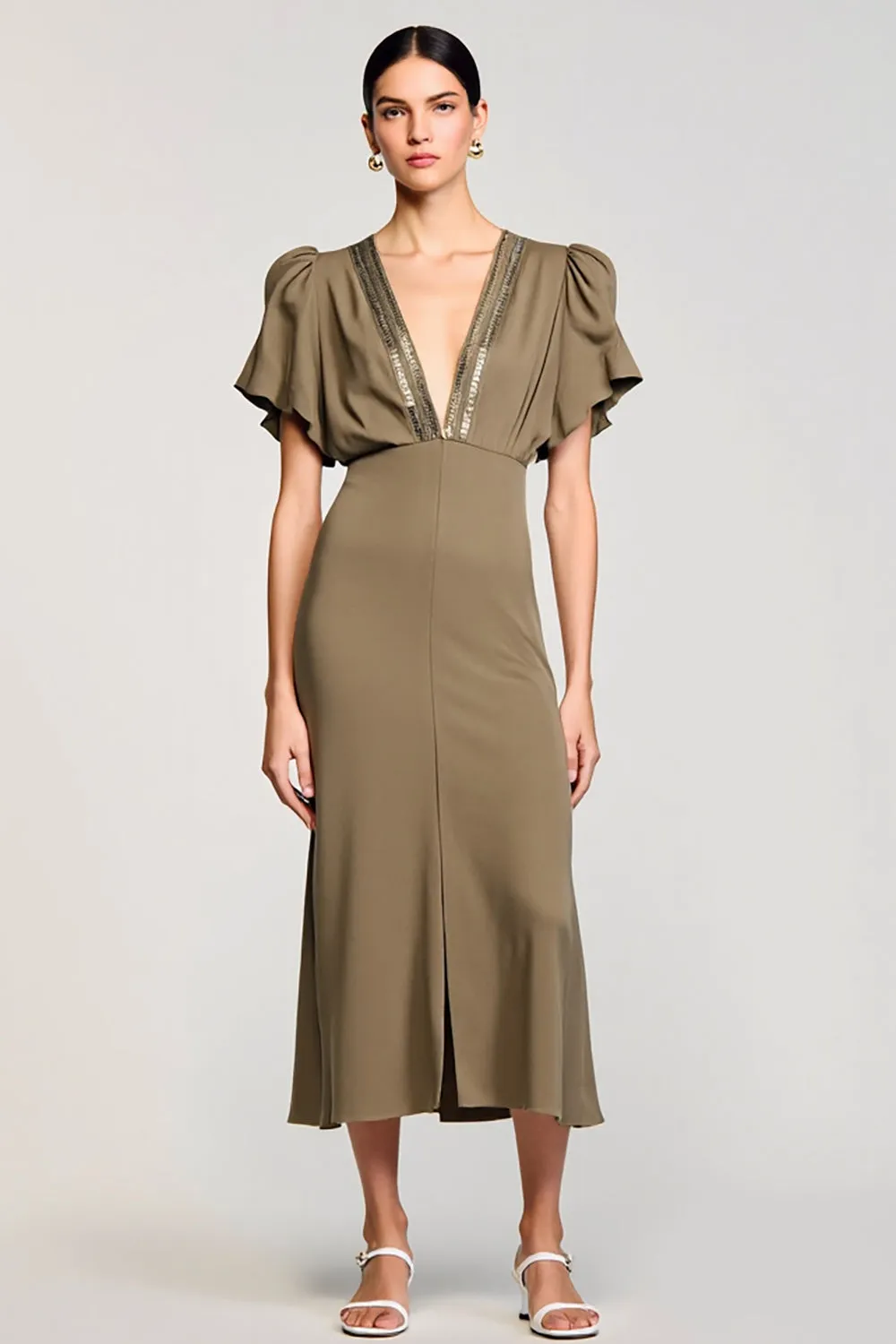 Olive Sheath V Neck Midi Wedding Guest Dress With Sequins sold by Zapaka
