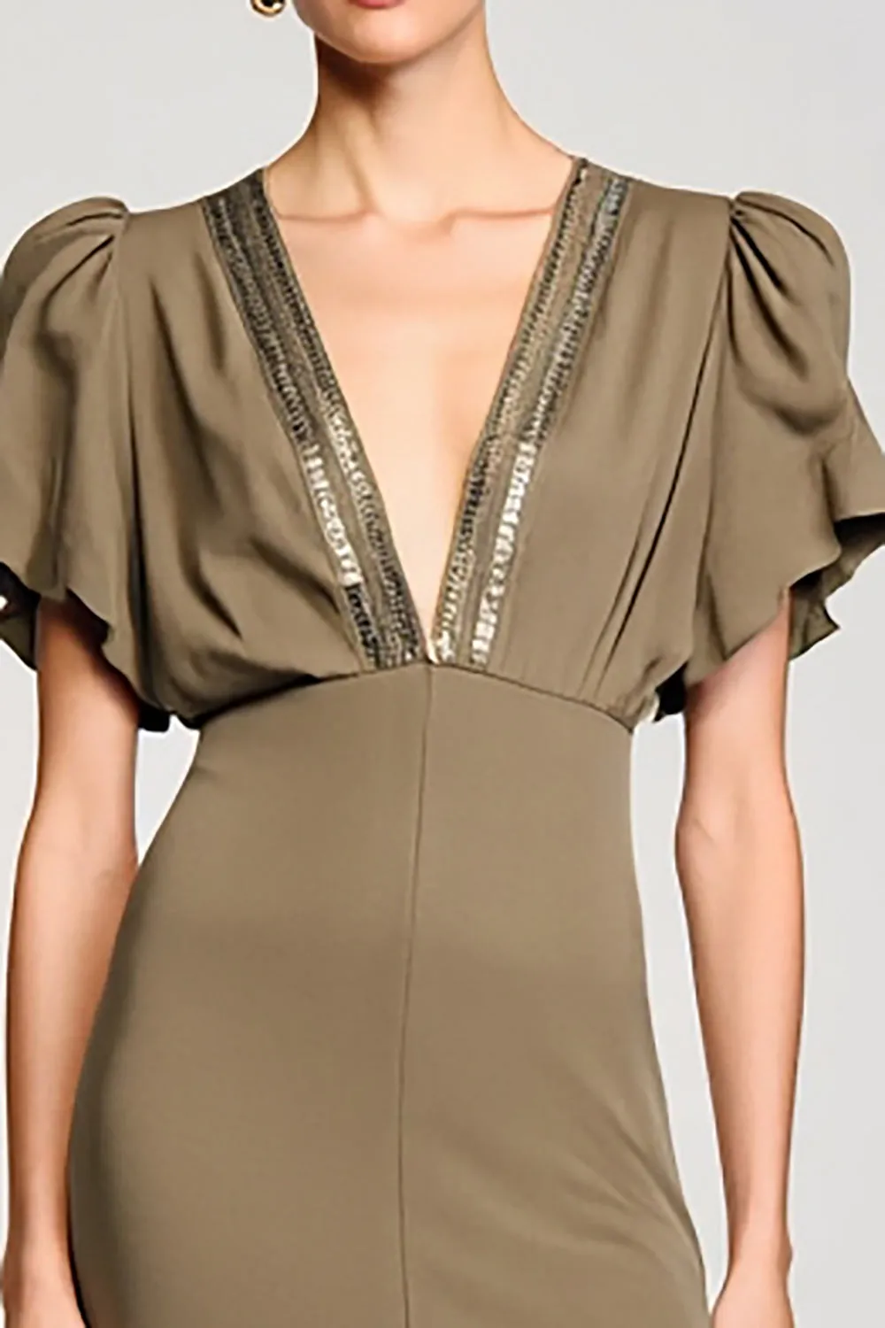 Olive Sheath V Neck Midi Wedding Guest Dress With Sequins sold by Zapaka product image thumbnail 3