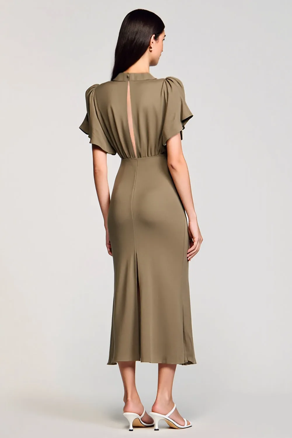 Olive Sheath V Neck Midi Wedding Guest Dress With Sequins sold by Zapaka product image thumbnail 2