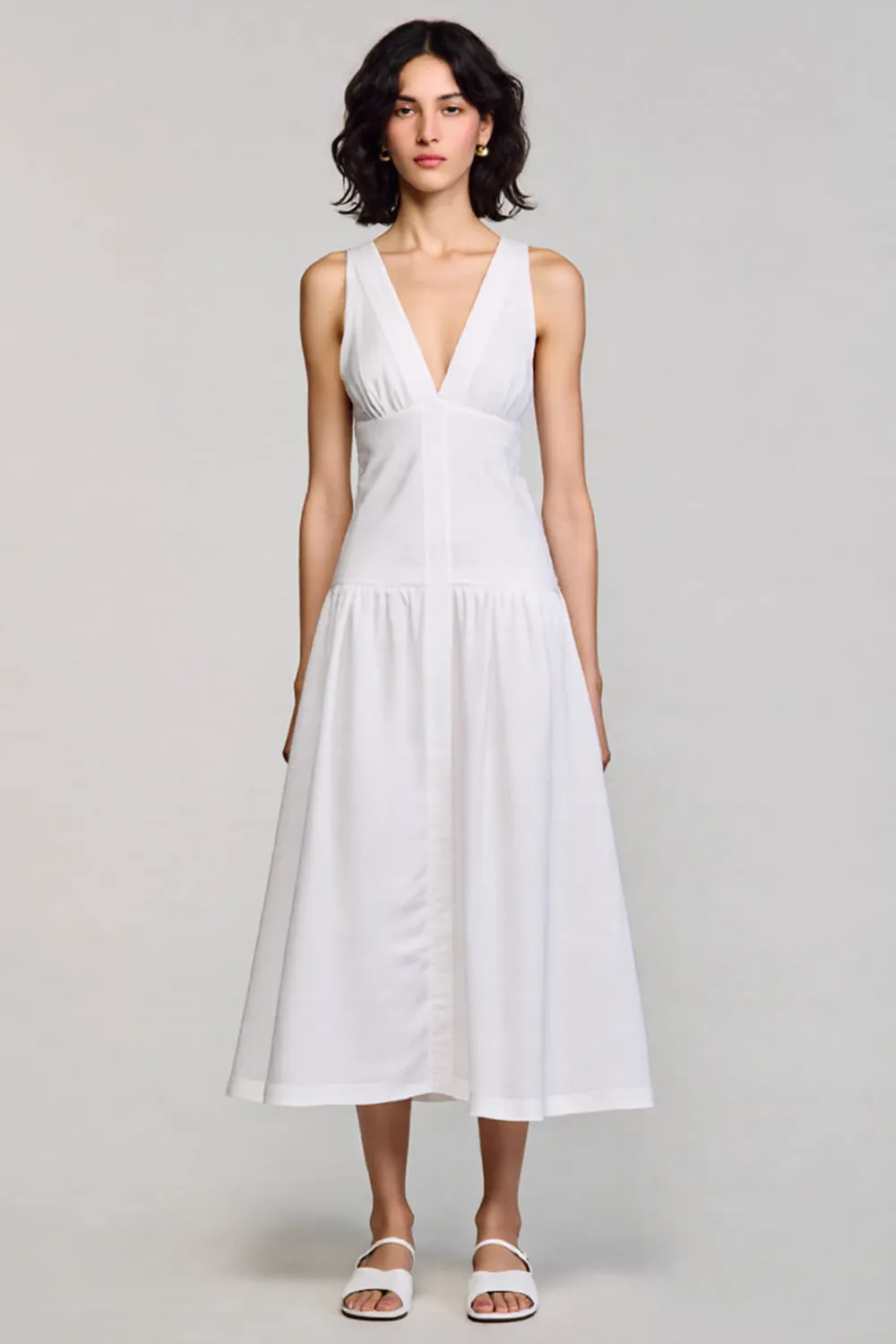 White A Line V Neck Midi Wedding Guest Dress sold by Zapaka