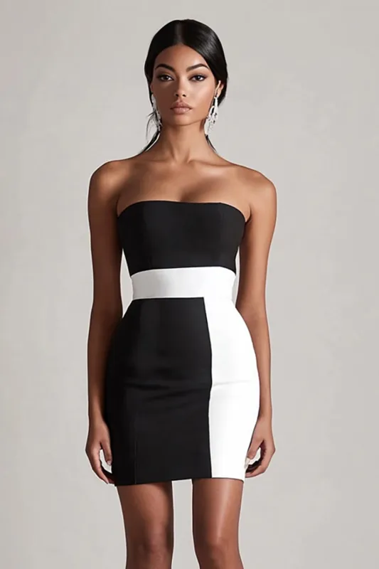 Black and White Satin Strapless Bodycon Short Graduation Dress sold by Zapaka