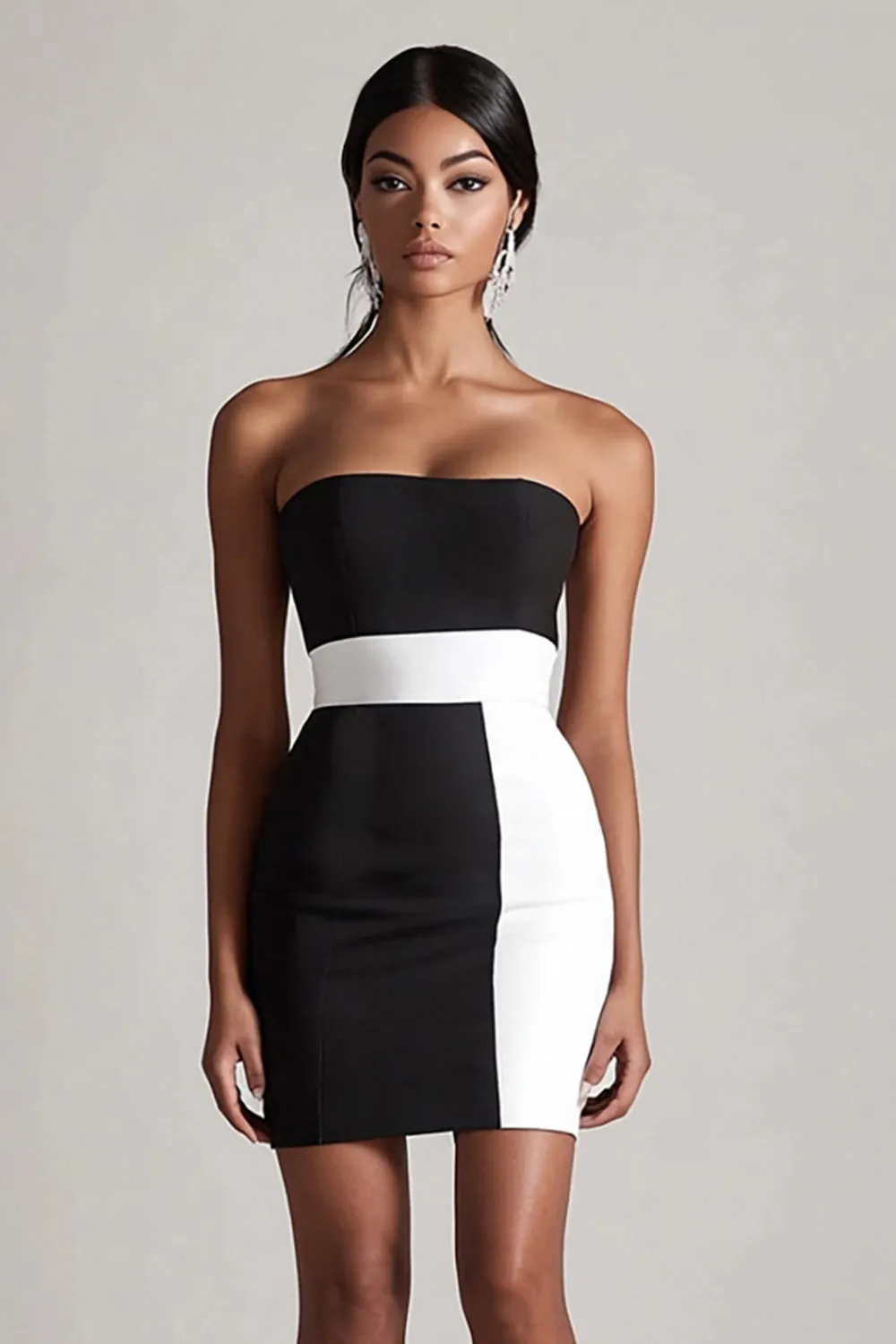 Black and White Satin Strapless Bodycon Short Graduation Dress sold by Zapaka
