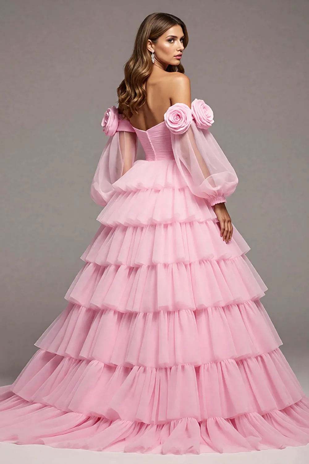 Pink Tulle Floral A Line Long Prom Dress with Ruffles sold by Zapaka product image thumbnail 2
