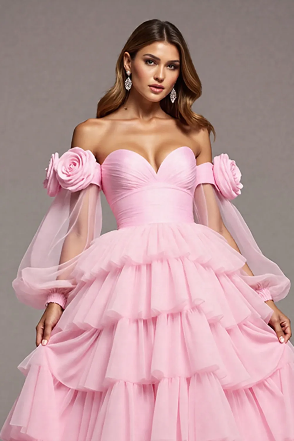 Pink Tulle Floral A Line Long Prom Dress with Ruffles sold by Zapaka product image thumbnail 3