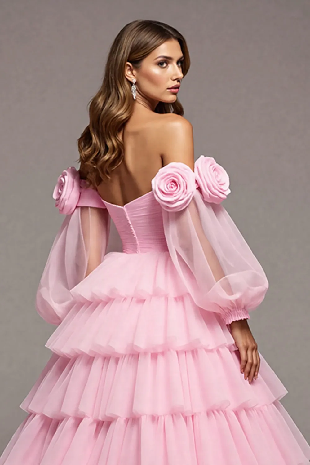 Pink Tulle Floral A Line Long Prom Dress with Ruffles sold by Zapaka product image thumbnail 4
