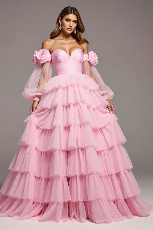 Pink Tulle Floral A Line Long Prom Dress with Ruffles sold by Zapaka
