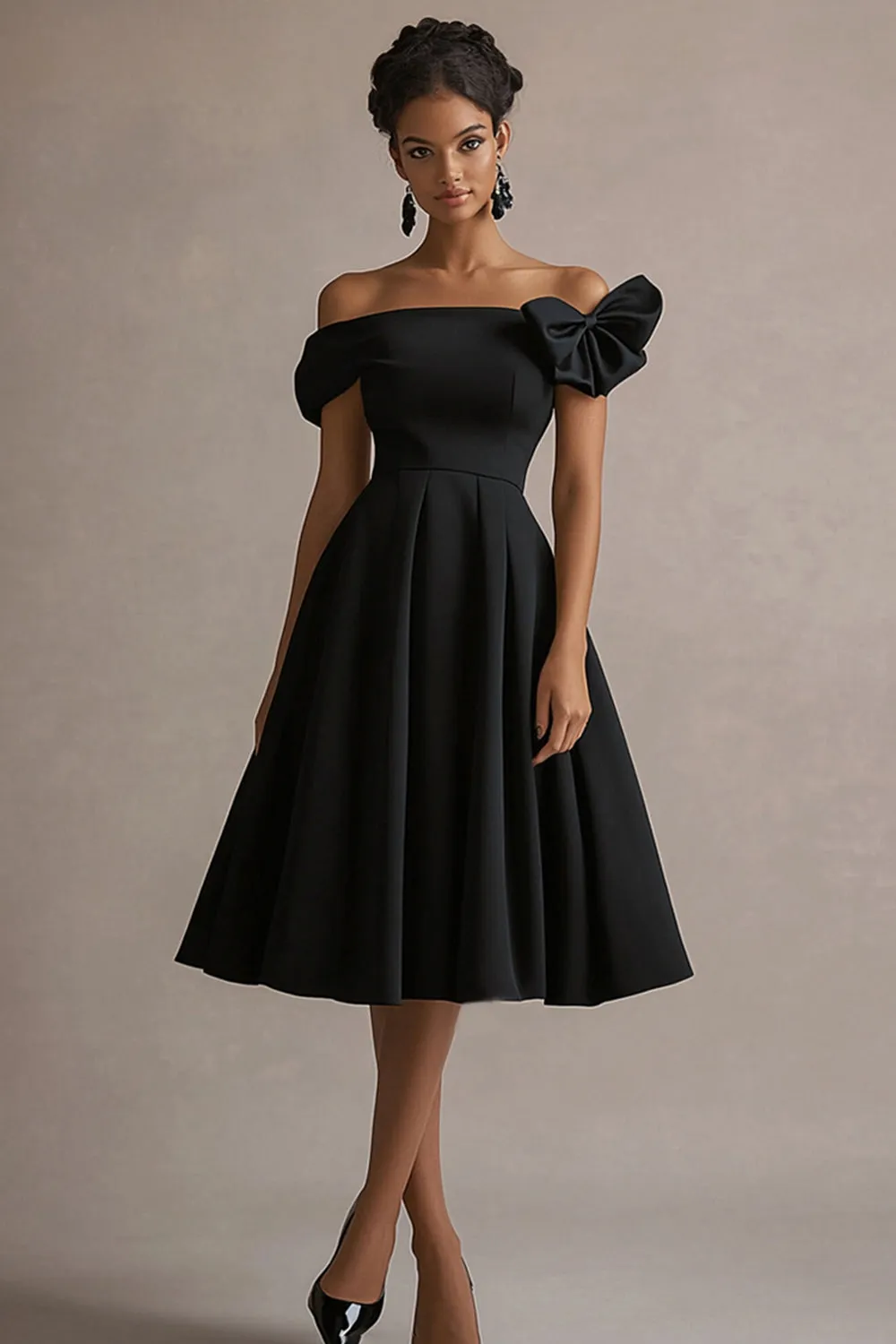 Black Satin Midi Graduation Dress with Bow sold by Zapaka