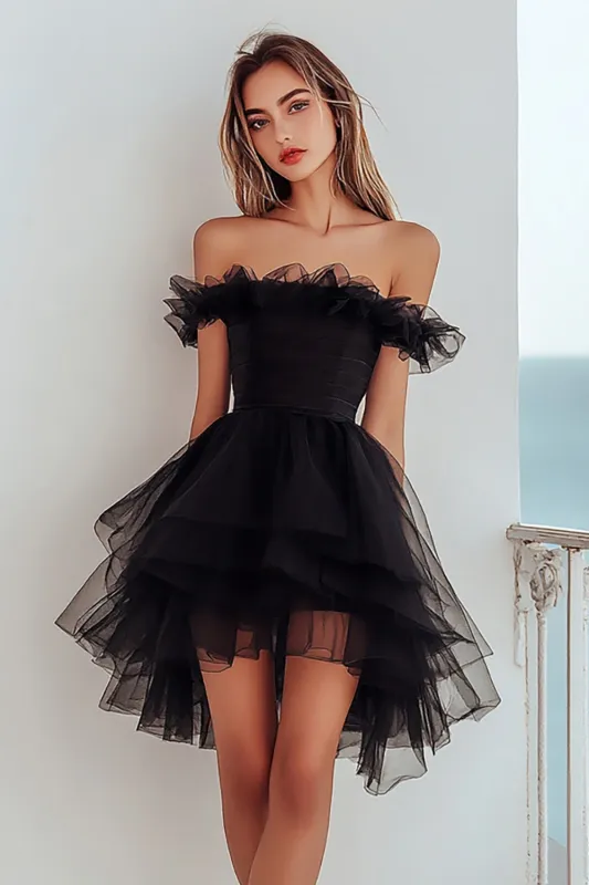 Black Organza Off the Shoulder A Line Ruffled Short Graduation Dress sold by Zapaka