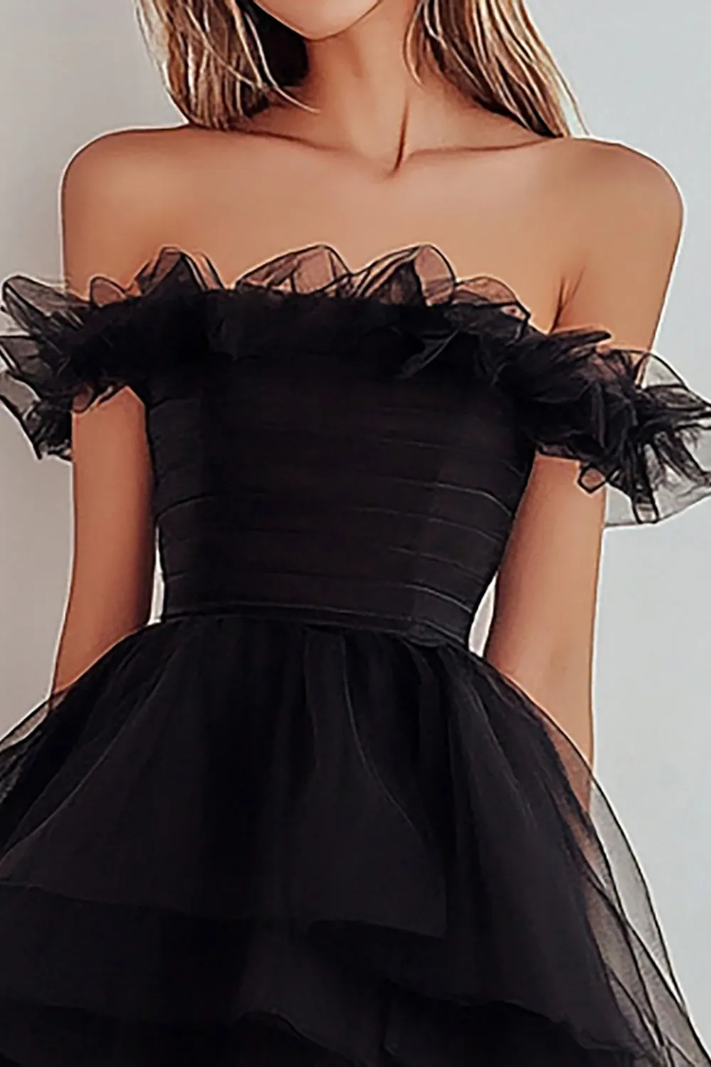 Black Organza Off the Shoulder A Line Ruffled Short Graduation Dress sold by Zapaka product image thumbnail 2