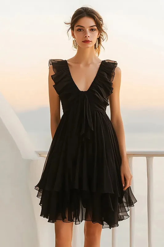 Black Chiffon A Line Ruffled Short Graduation Dress sold by Zapaka