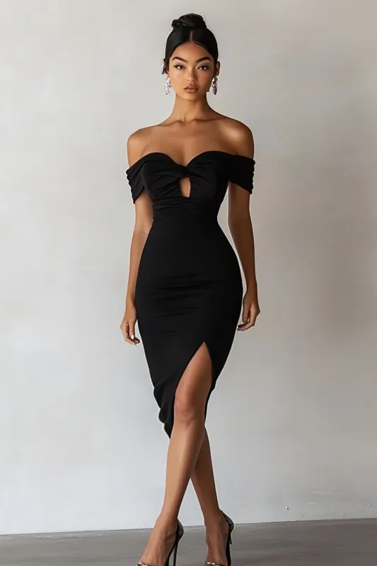 Black Bodycon Midi Graduation Dress with Keyhole sold by Zapaka