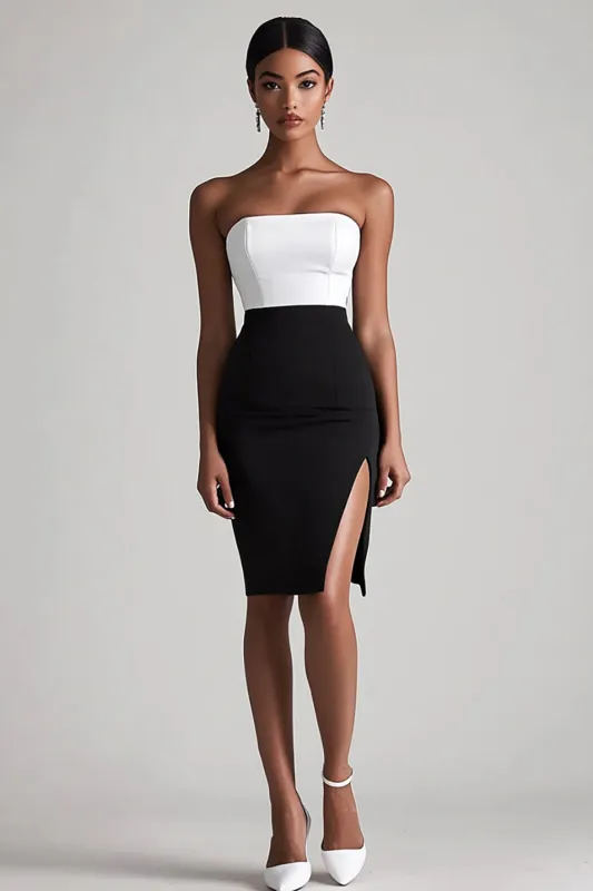 Black and White Satin Bodycon Midi Graduation Dress with Slit sold by Zapaka