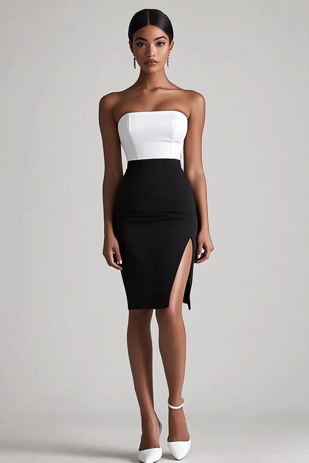 Black and White Satin Bodycon Midi Graduation Dress with Slit sold by Zapaka
