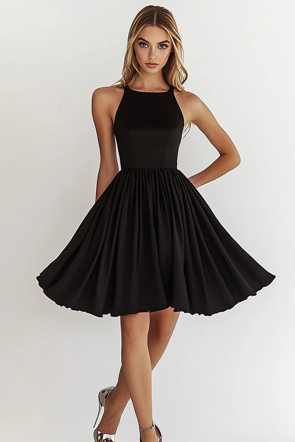 Black A Line Short Satin Graduation Dress sold by Zapaka