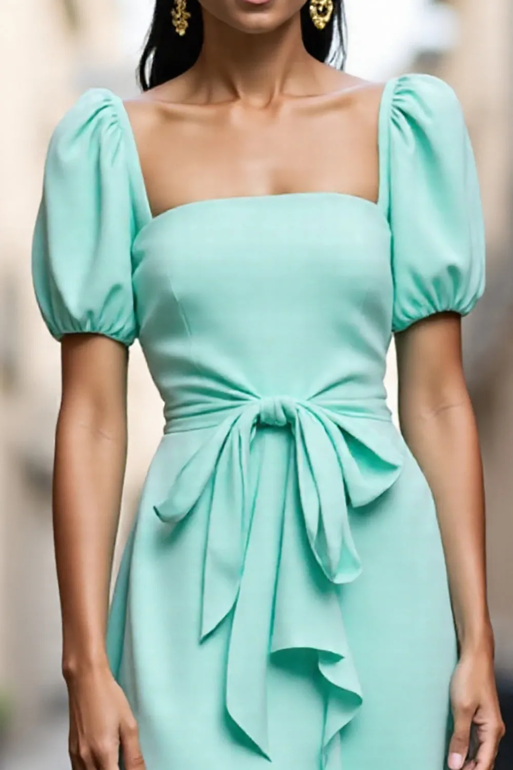 Mint Green A Line Square Neck Midi Work Dress with Ruffles sold by Zapaka product image thumbnail 3