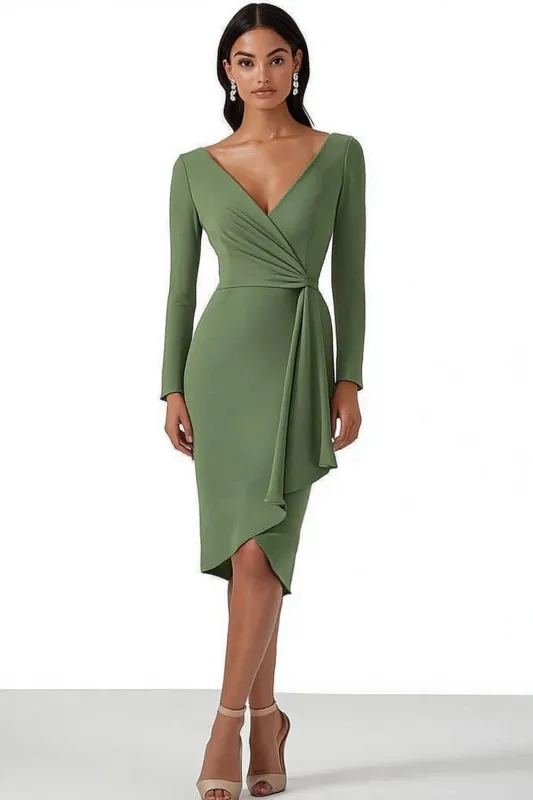Bodycon Dusty Sage Long Sleeves Midi Work Dress with Drape sold by Zapaka