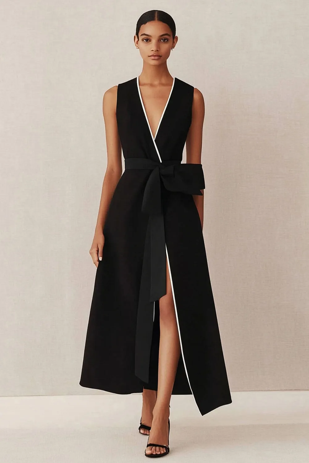 A Line Black Satin V-Neck Long Work Dress with Sash sold by Zapaka