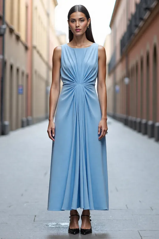 Sky Blue Satin Ruched A Line Long Work Dress sold by Zapaka