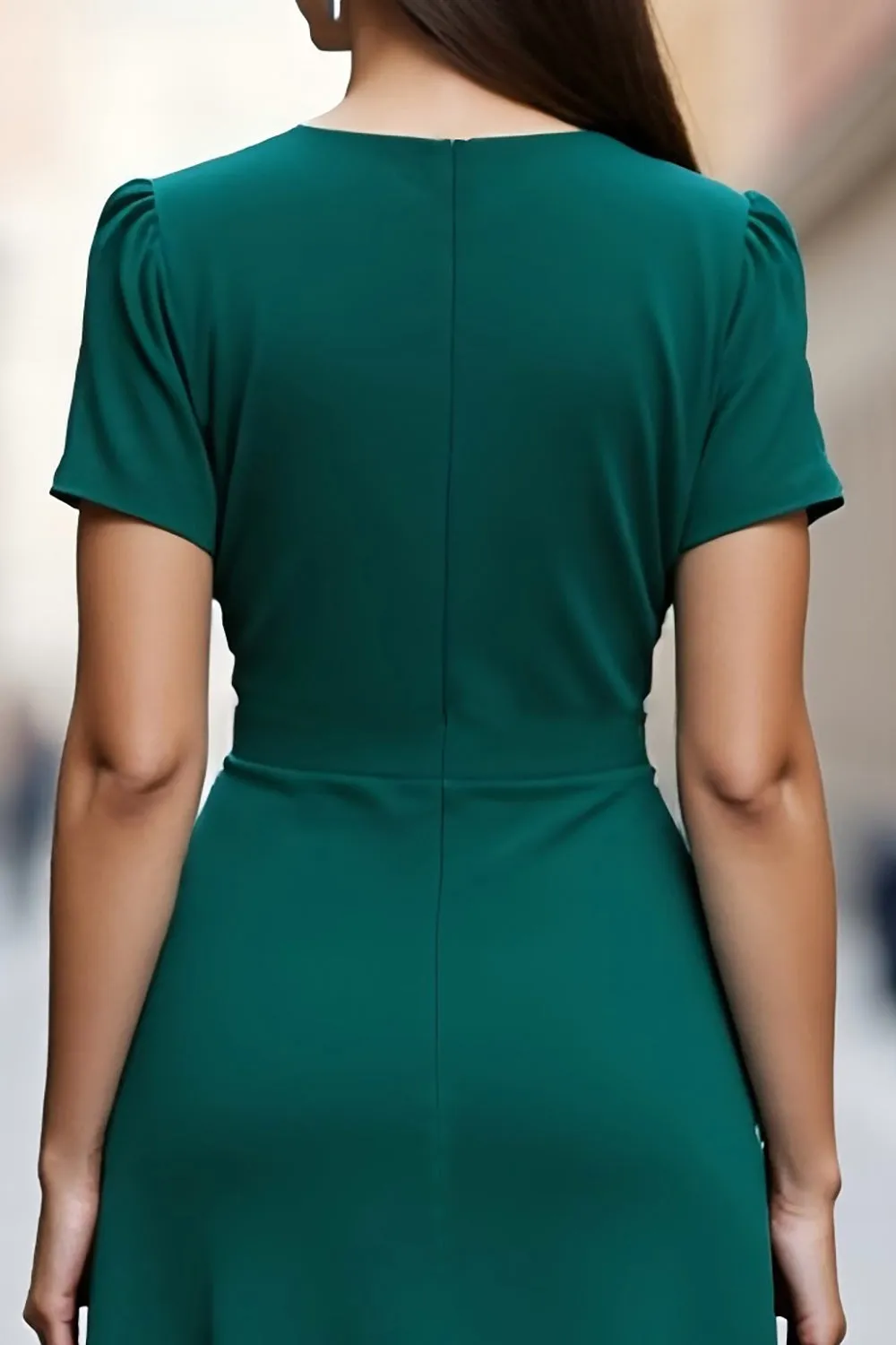 Dark Green Satin Ruched A Line Short Sleeves V Neck Midi Work Dress with Drape sold by Zapaka product image thumbnail 4