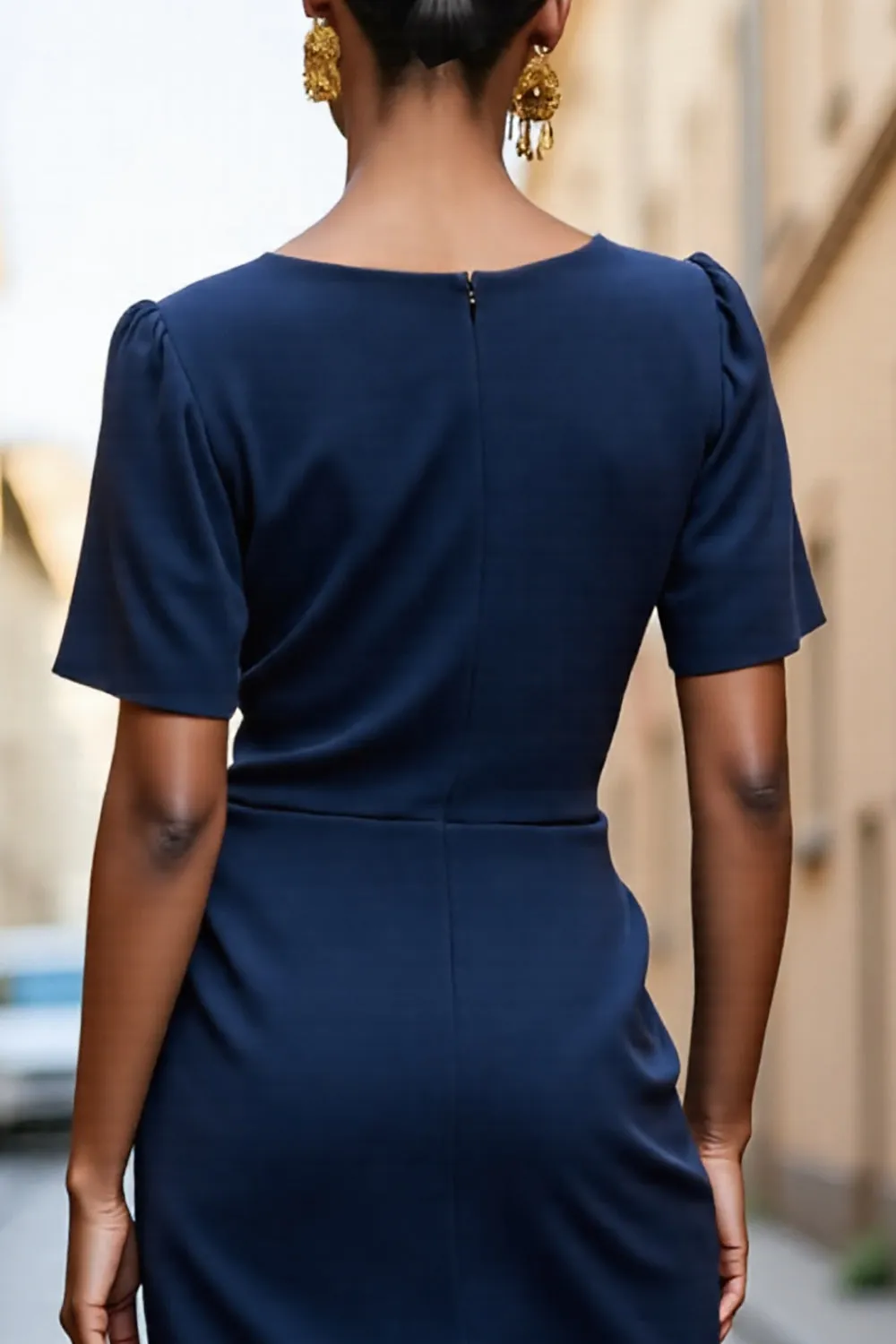 Navy Bodycon Square Neck Midi Work Dress with Short Sleeves sold by Zapaka product image thumbnail 4