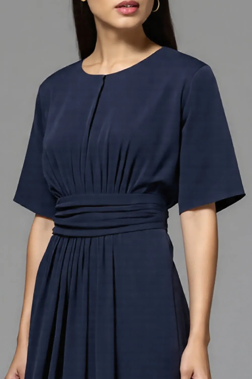A Line Navy Ruched Round Neck Midi Work Dress sold by Zapaka product image thumbnail 3