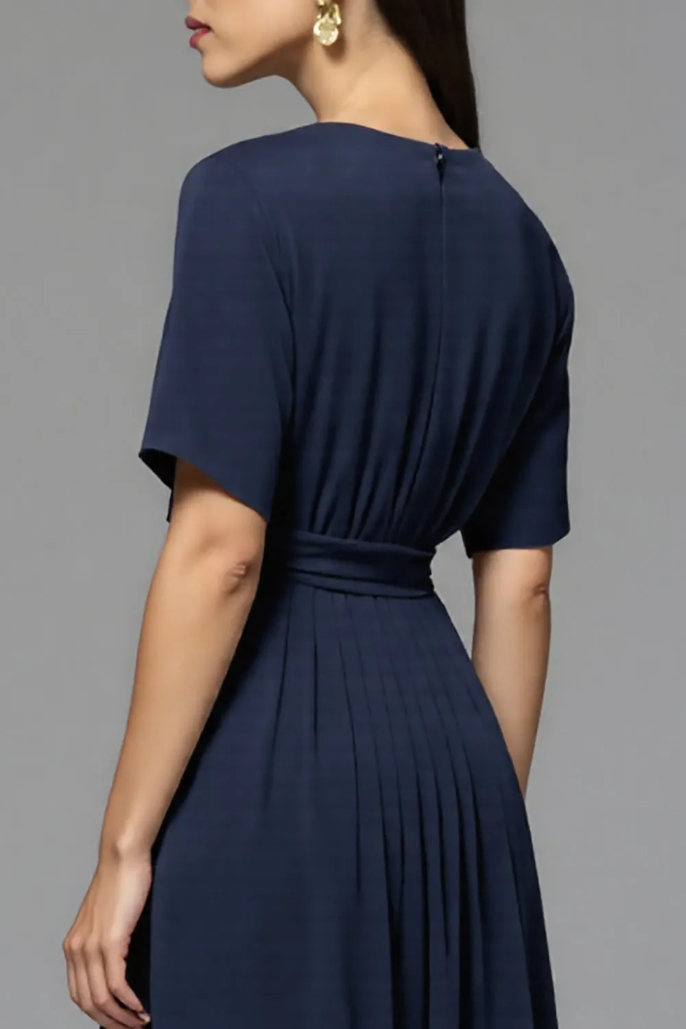 A Line Navy Ruched Round Neck Midi Work Dress sold by Zapaka product image thumbnail 4