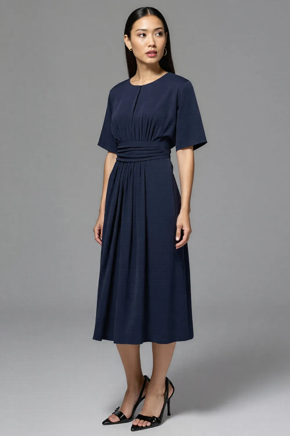 A Line Navy Ruched Round Neck Midi Work Dress sold by Zapaka