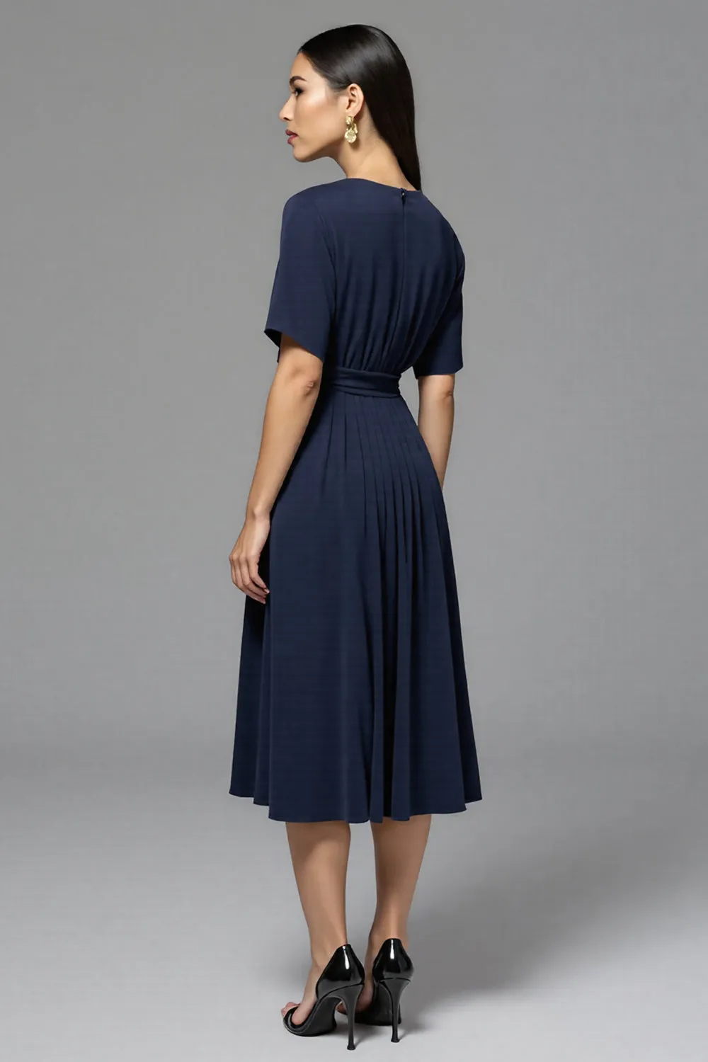 A Line Navy Ruched Round Neck Midi Work Dress sold by Zapaka product image thumbnail 2