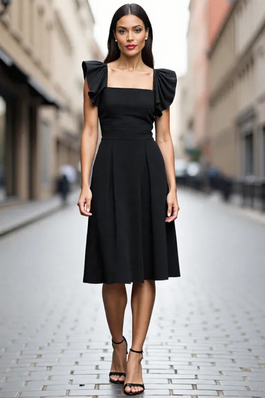 A Line Square Neck Black Satin Midi Work Dress with Ruffles sold by Zapaka