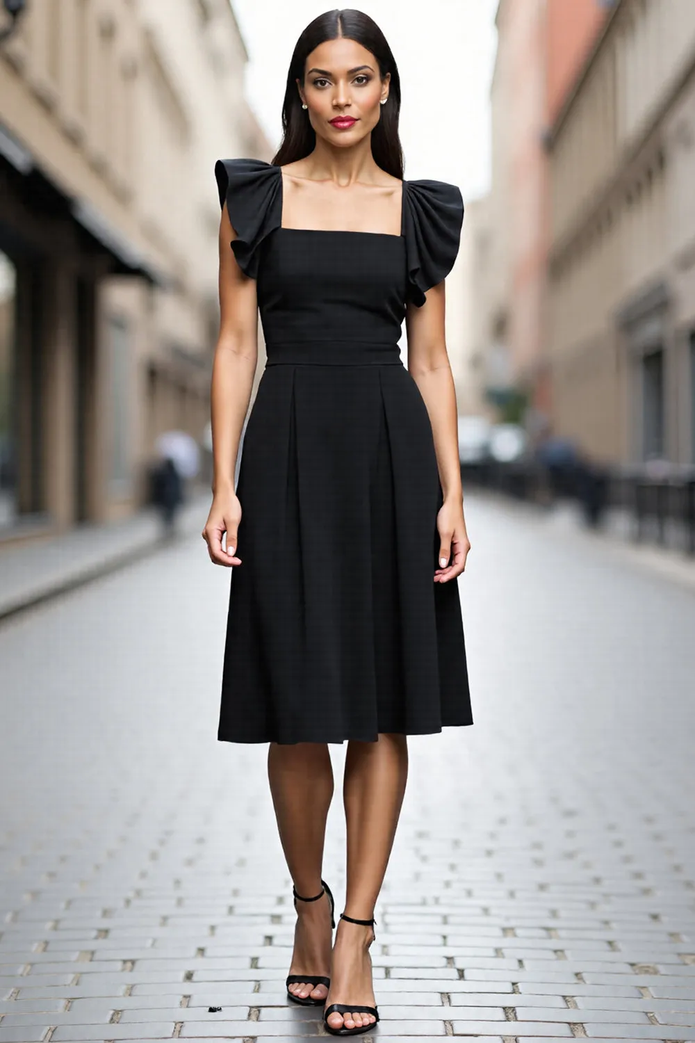 A Line Square Neck Black Satin Midi Work Dress with Ruffles sold by Zapaka
