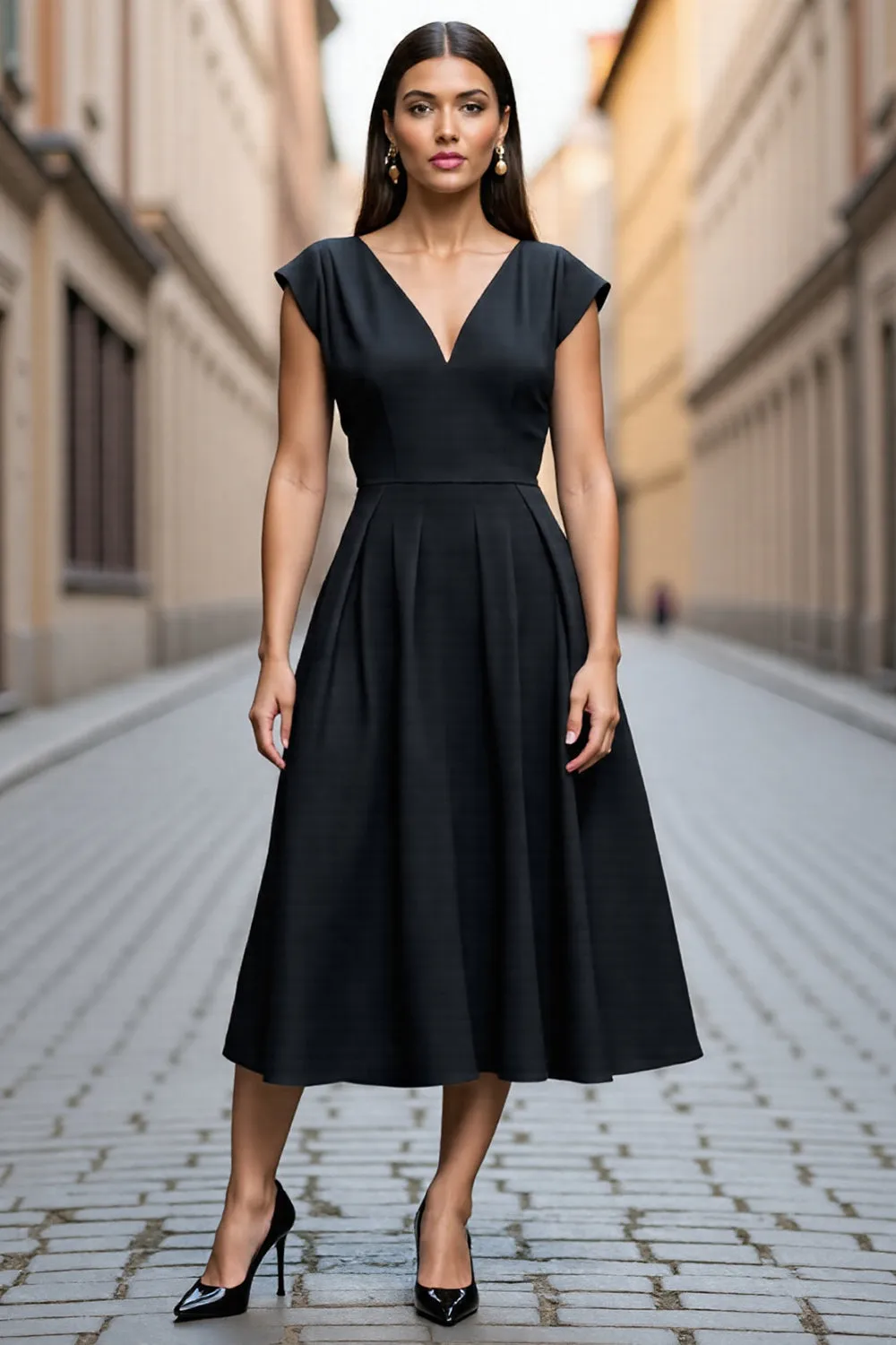 Black A Line Satin Midi V-Neck Work Dress sold by Zapaka
