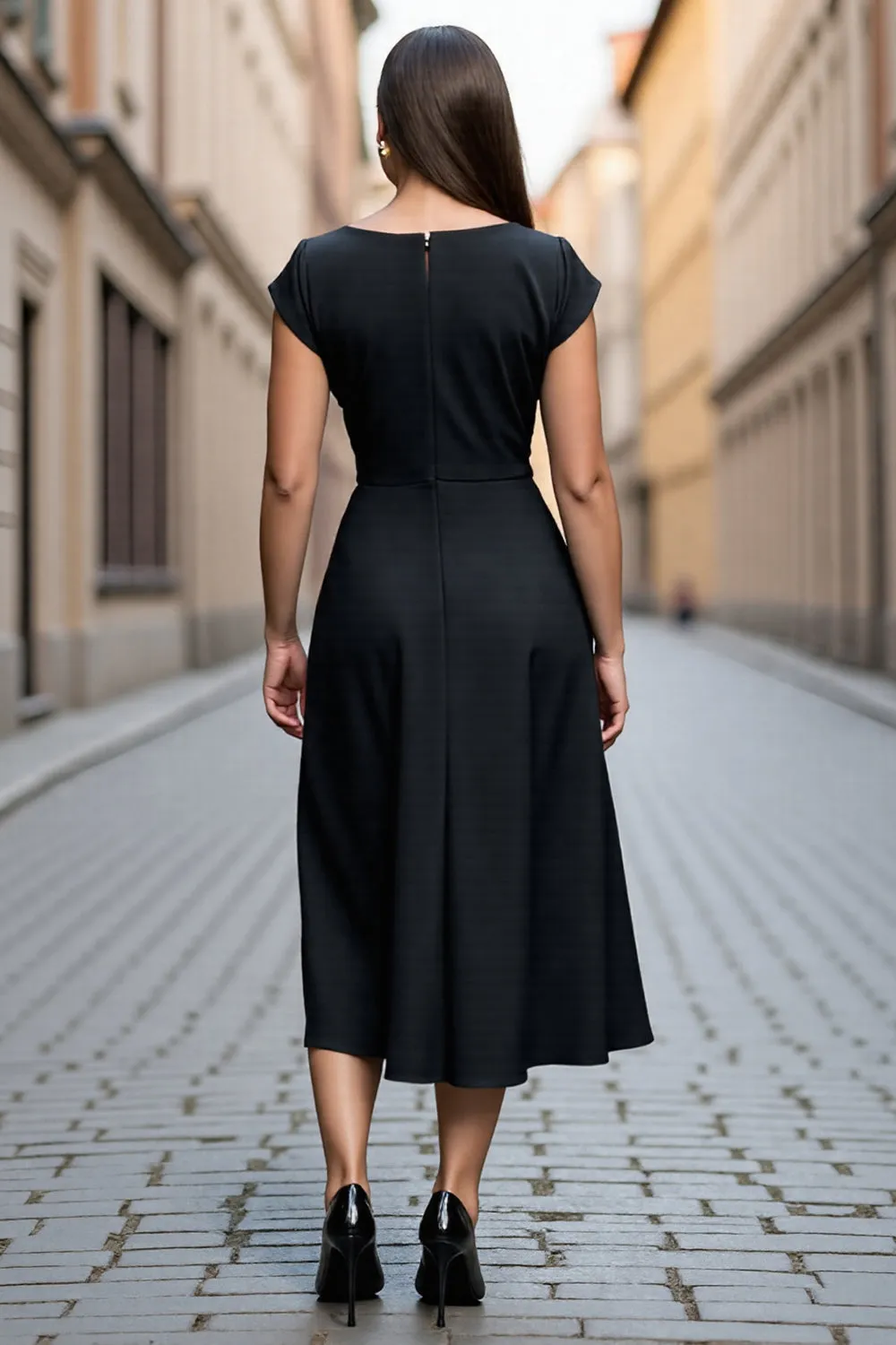 Black A Line Satin Midi V-Neck Work Dress sold by Zapaka product image thumbnail 2
