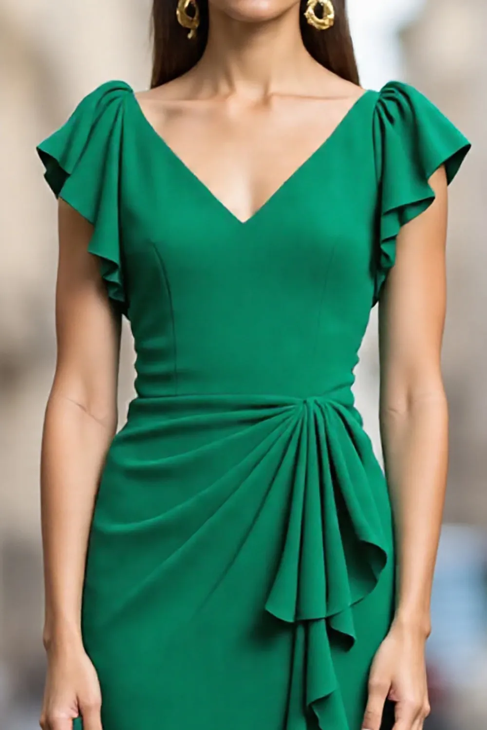 Green Satin Bodycon V-Neck Ruched Midi Work Dress with Drape sold by Zapaka product image thumbnail 3