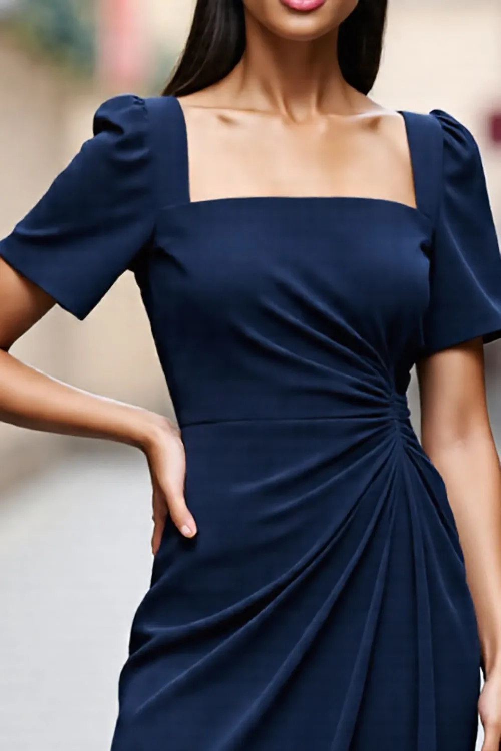 Navy Midi Ruched Square Neck Satin Work Dress sold by Zapaka product image thumbnail 3