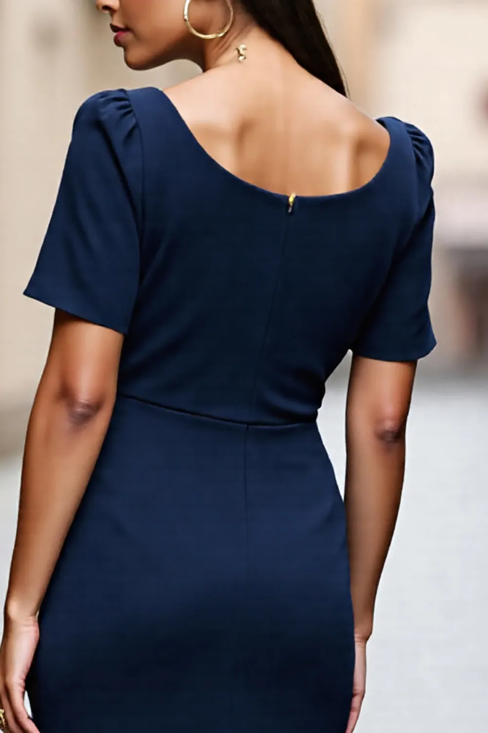 Navy Midi Ruched Square Neck Satin Work Dress sold by Zapaka product image thumbnail 4