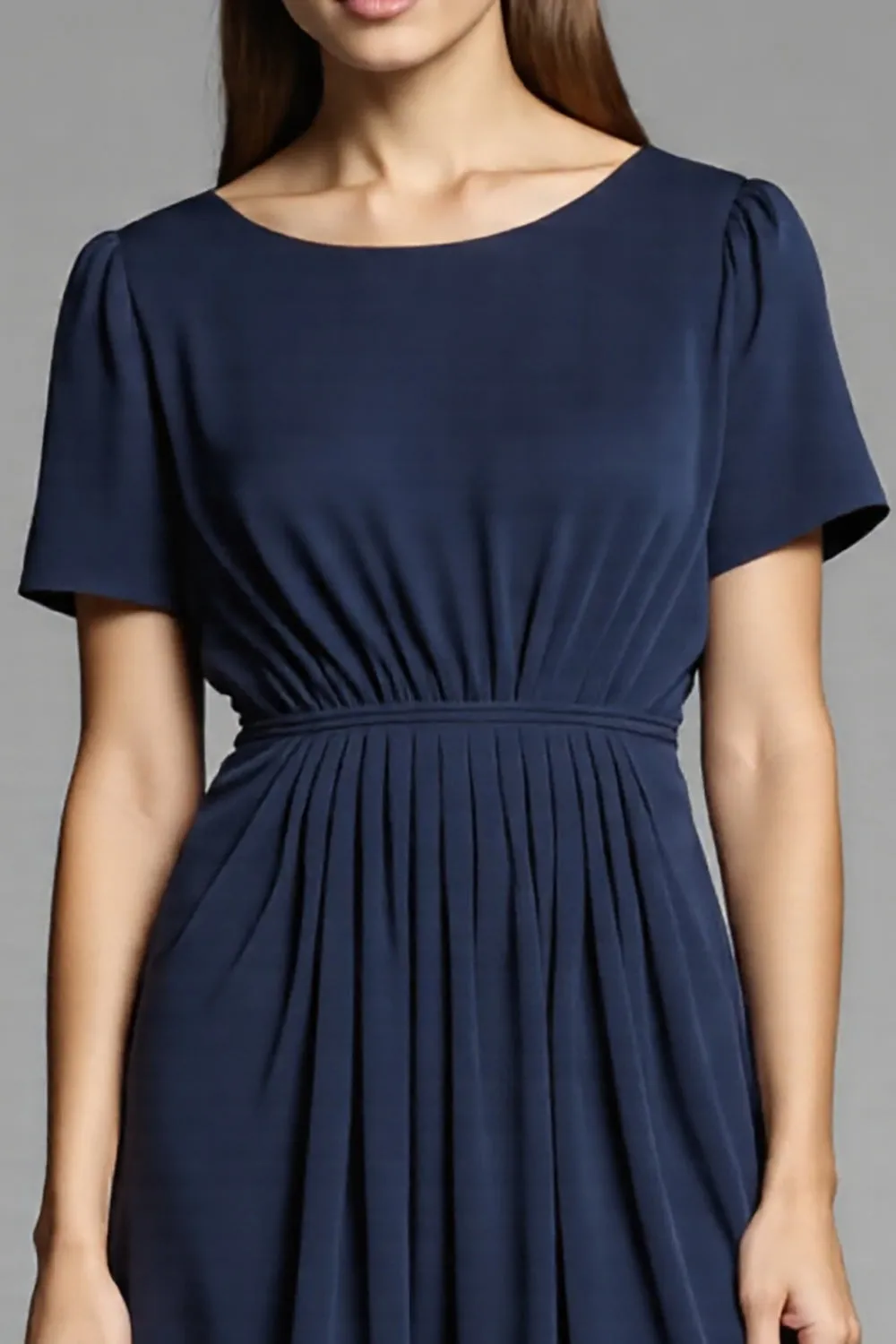 Navy Simple A Line Short Sleeves Midi Work Dress sold by Zapaka product image thumbnail 3