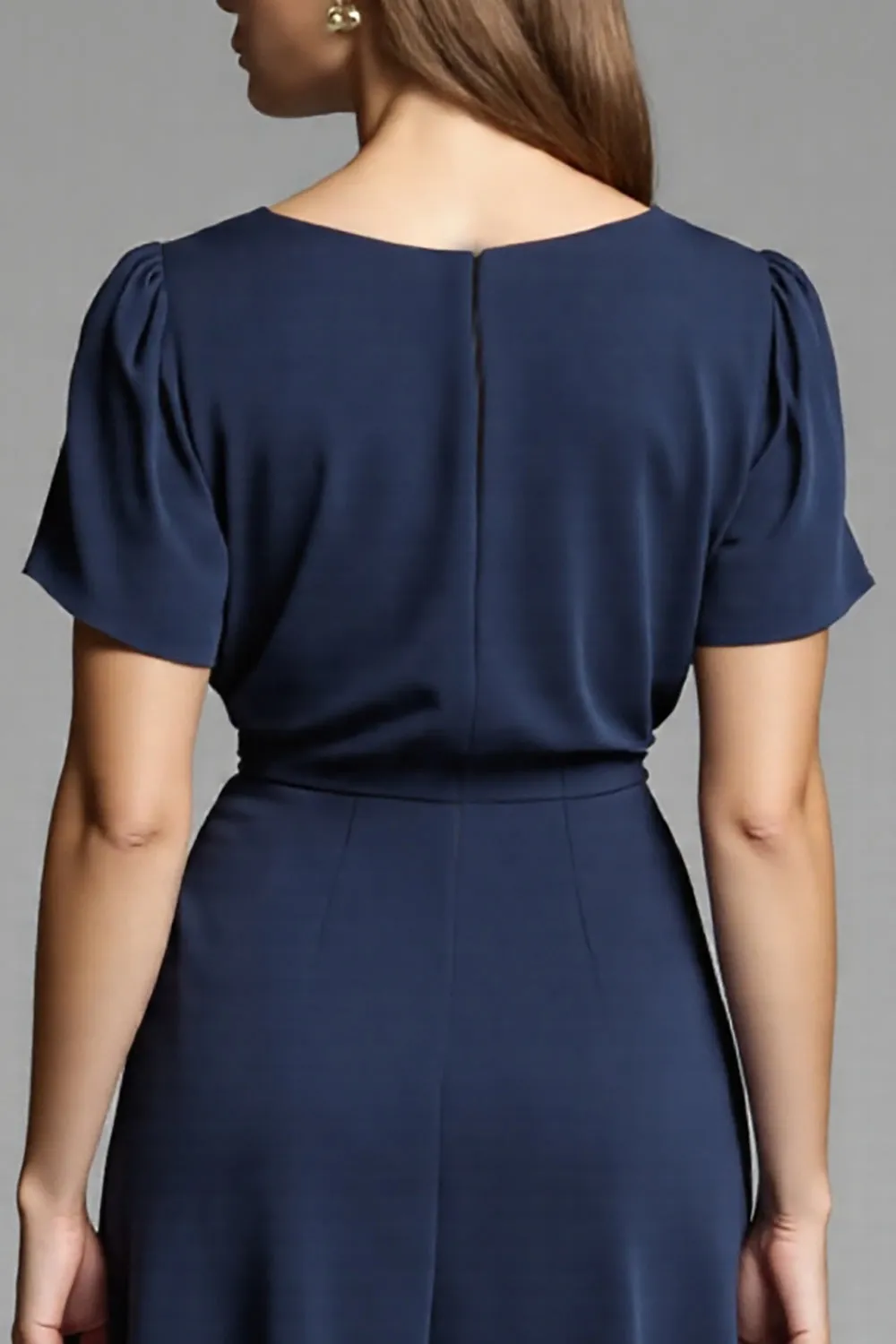 Navy Simple A Line Short Sleeves Midi Work Dress sold by Zapaka product image thumbnail 4