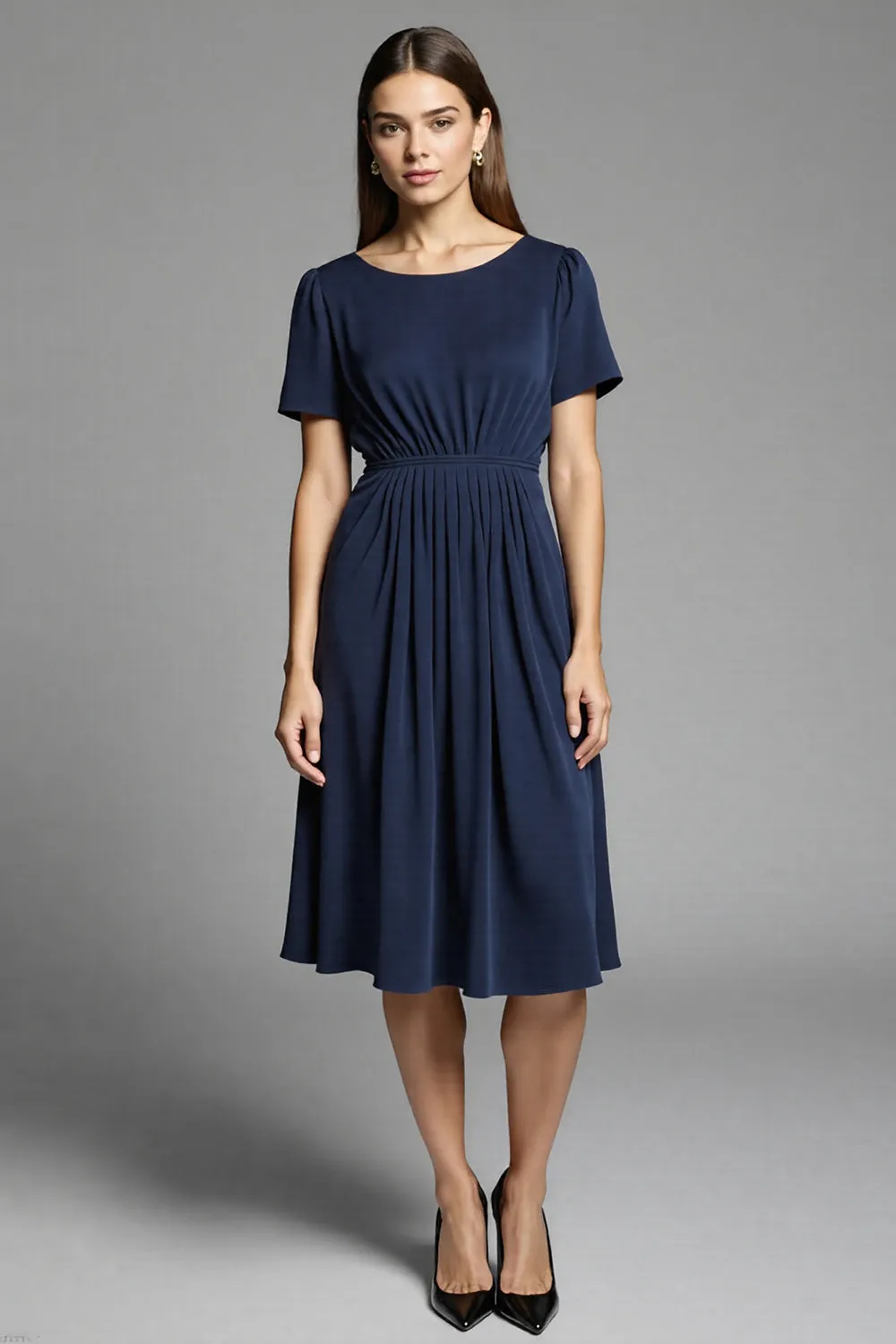 Navy Simple A Line Short Sleeves Midi Work Dress sold by Zapaka