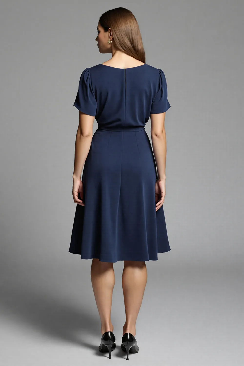 Navy Simple A Line Short Sleeves Midi Work Dress sold by Zapaka product image thumbnail 2