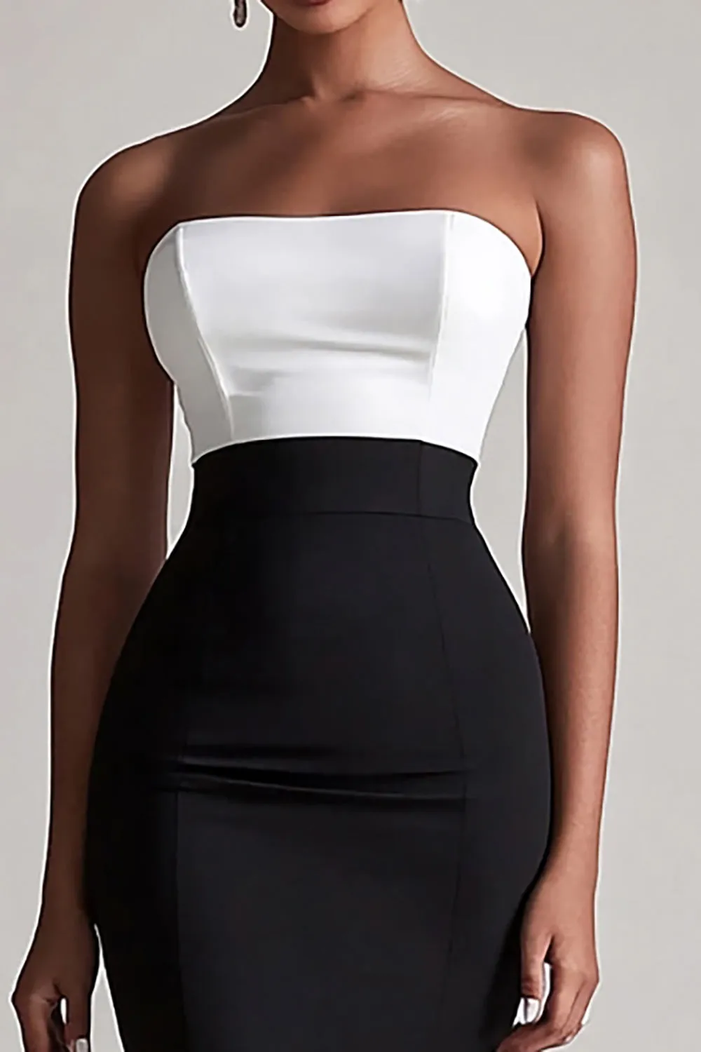 Black and White Satin Strapless Bodycon Midi Cocktail Dress sold by Zapaka product image thumbnail 2