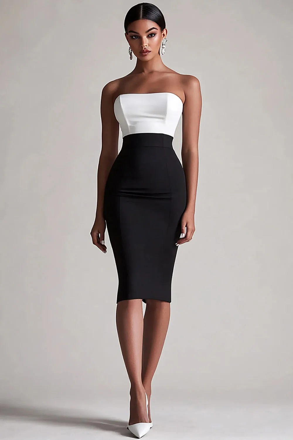 Black and White Satin Strapless Bodycon Midi Cocktail Dress sold by Zapaka