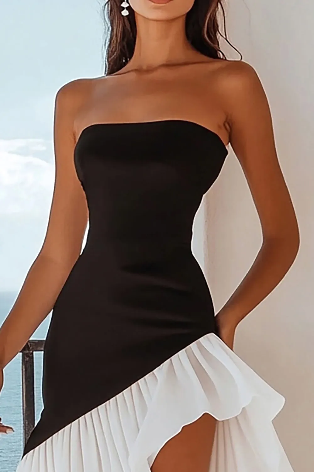 Black and White A Line Ruffled Asymmetrical Cocktail Dress sold by Zapaka product image thumbnail 2