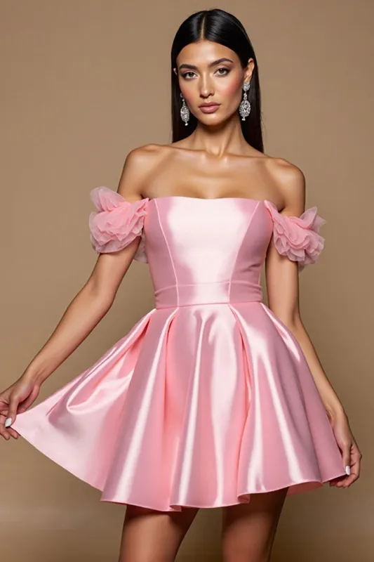 Pink Off The Shoulder Satin A Line Cocktail Dress sold by Zapaka