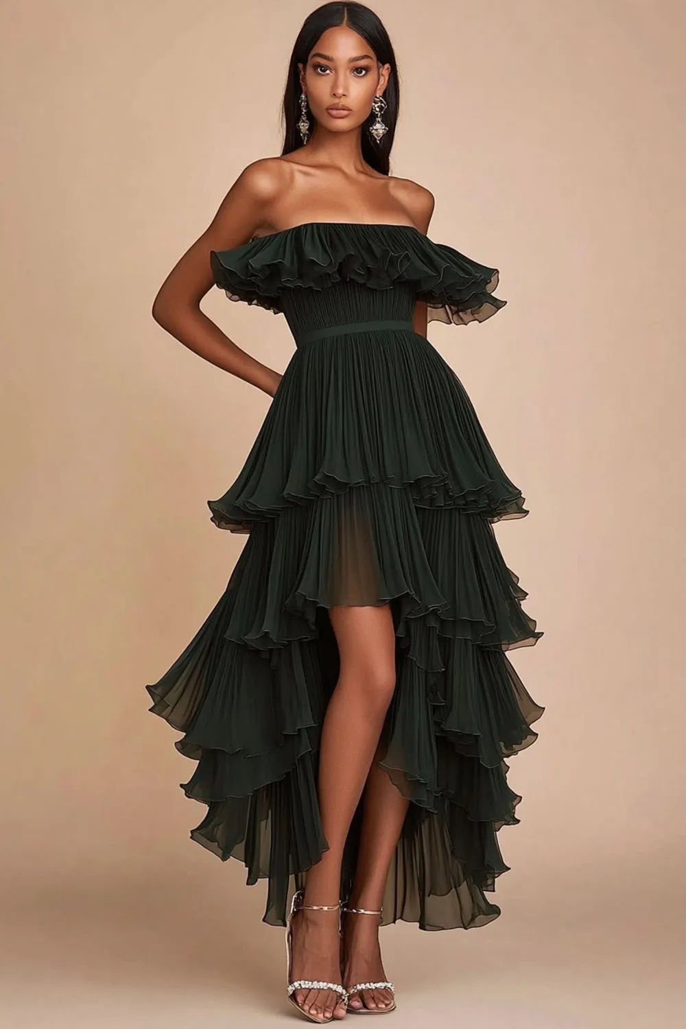 Dark Green Strapless Tiered Long Formal Dress with Ruffles sold by Zapaka