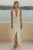 Ivory Satin Sheath Deep V-Neck Long Formal Dress with Slit sold by Zapaka
