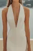 Ivory Satin Sheath Deep V-Neck Long Formal Dress with Slit sold by Zapaka