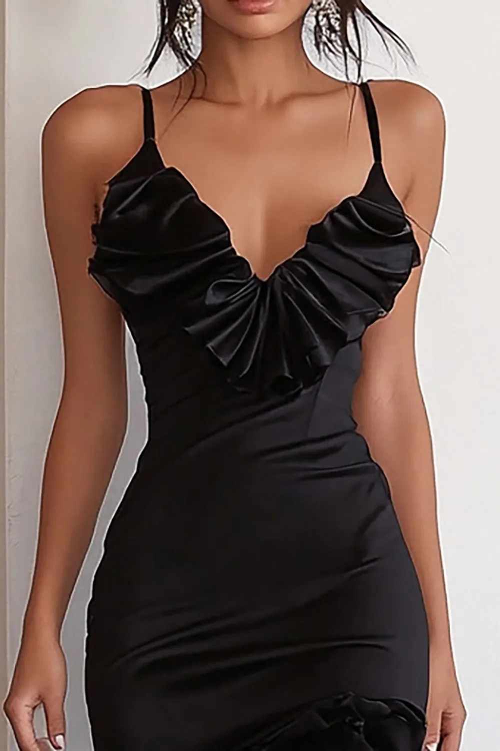 Black Satin Ruffled Spaghetti Straps High-Low Formal Dress sold by Zapaka product image thumbnail 2