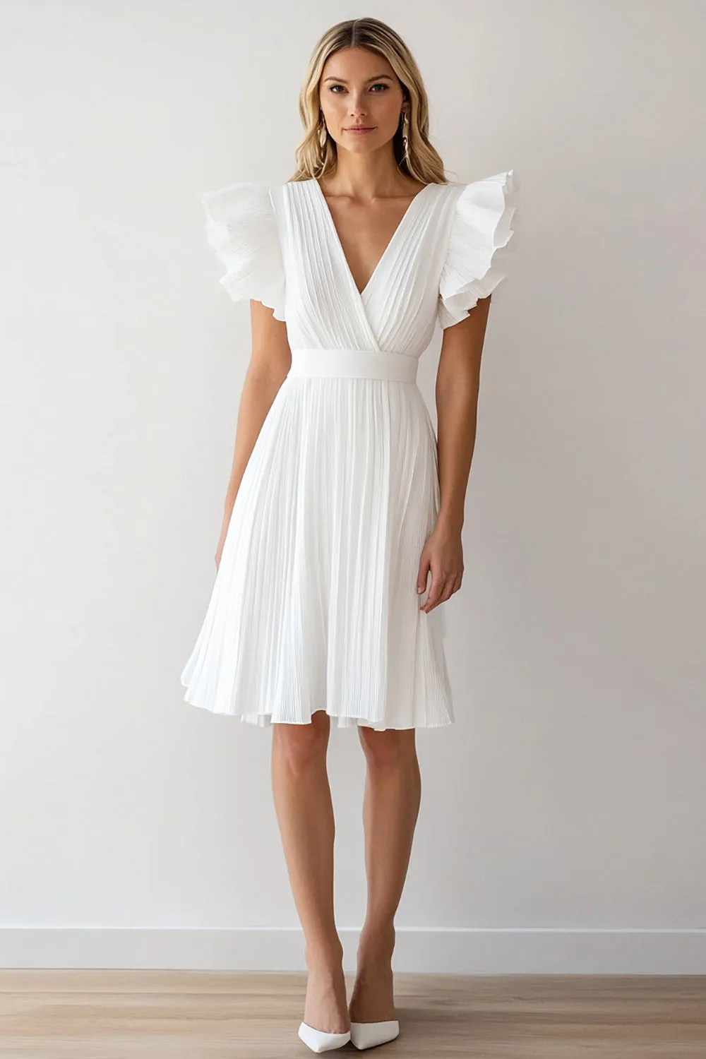 Ivory Chiffon A Line Pleated Short Formal Dress with Ruffles sold by Zapaka