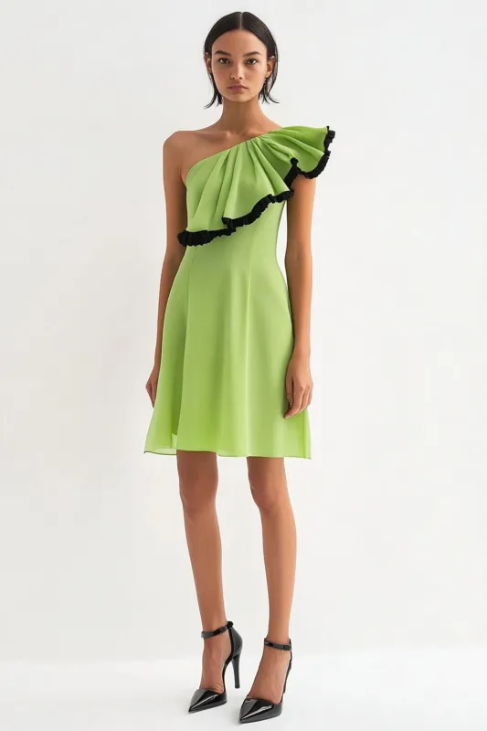 Lemon Green A Line One Shoulder Chiffon Short Formal Dress with Ruffles sold by Zapaka