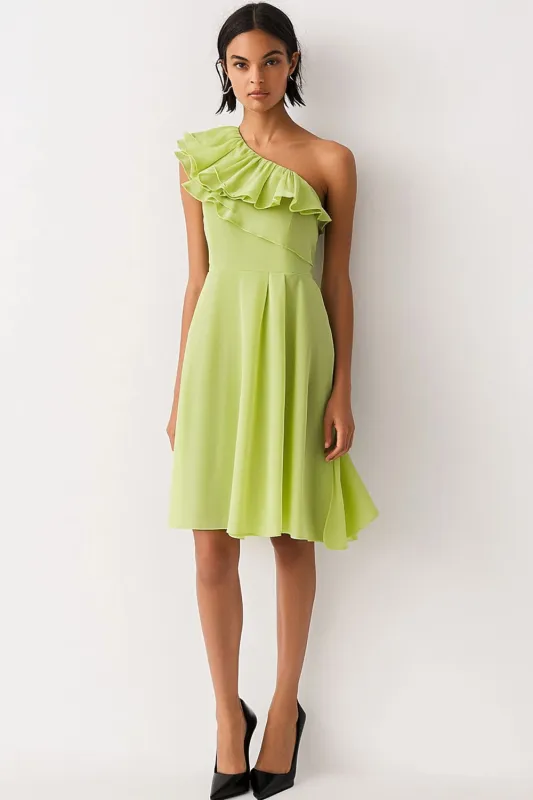 Lemon Green Chiffon One Shoulder A Line Short Formal Dress with Ruffles sold by Zapaka